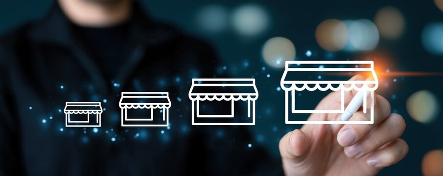 Person drawing series of storefront icons representing business growth