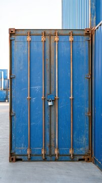 Blue shipping container locked and weathered at yard