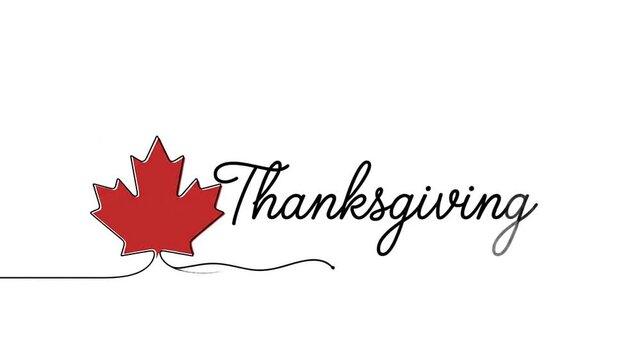 Red maple leaf graphic with continuous line calligraphy on white background
