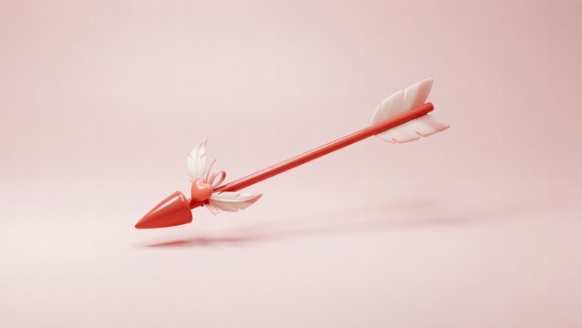 Stylized red cupid arrow with heart and feather wings floating against soft pink background minimalist with hovering with arrow small white, three dimensional