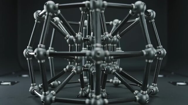 Motor starting, outer cage rotating and pivoting inner rods in dark studio, for product test