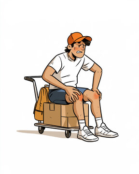 Traveler's Tribulation: A weary traveler, adorned in a simple t-shirt, shorts, and cap, sits dejectedly on a luggage cart laden with boxes and a backpack, his hands clasped over his aching knees.