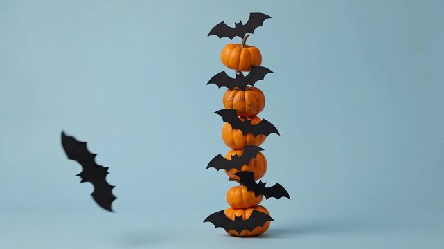Vertical stack of small orange pumpkins and flying black bats
