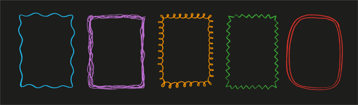 Colorful hand drawn doodle frames set. Neon chalk sketch borders with wavy, zigzag and scribble lines on black background vector.