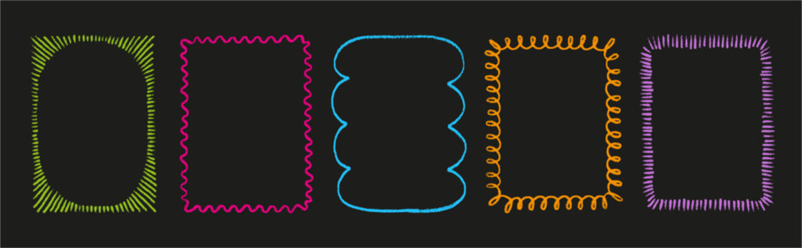 Hand drawn colorful doodle frames set. Neon chalk textured borders with wavy, scalloped, curly and dashed lines on dark background vector.