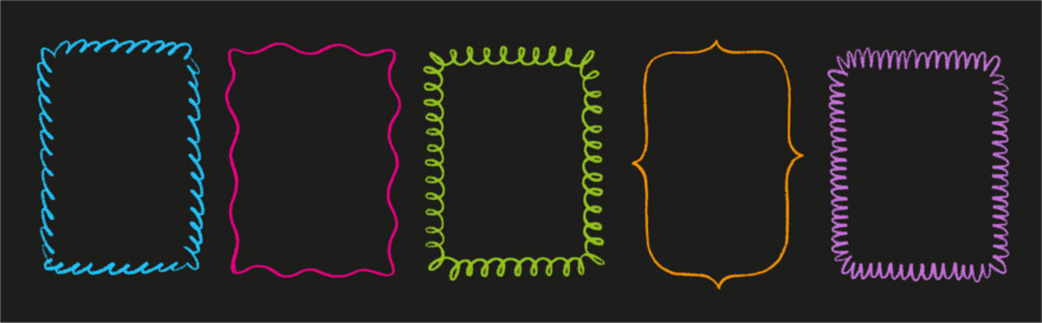 Colorful hand drawn doodle frames set. Neon chalk textured sketch borders with wavy, curly, bracket and scribble lines on dark background vector.
