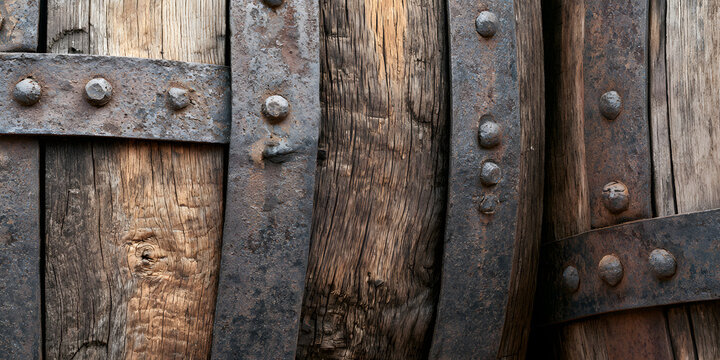 A close-up of the weathered wooden barrel staves, adorned with rusty metal bands and rivets, against a textured background