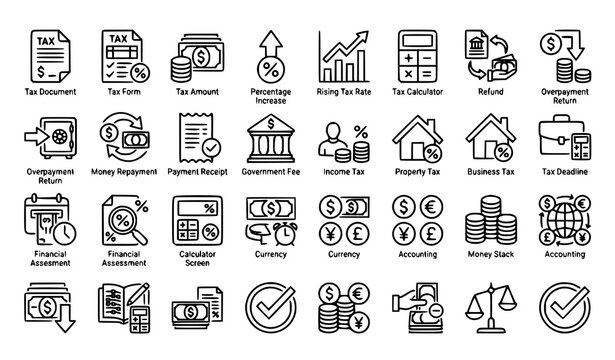 Tax Rate Increase Refund Overpayment and Tax Amount Linear Icons