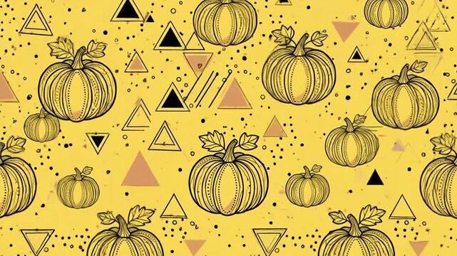 Animated yellow autumn background featuring hand drawn black ink line art pumpkins and geometric shapes moving continuously in a seamless pattern design