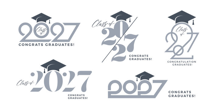 Class of 2027 Graduation Logo Set with Mortarboard Caps, Elegant Typography and Congratulations Text Isolated on White Background Vector Illustration