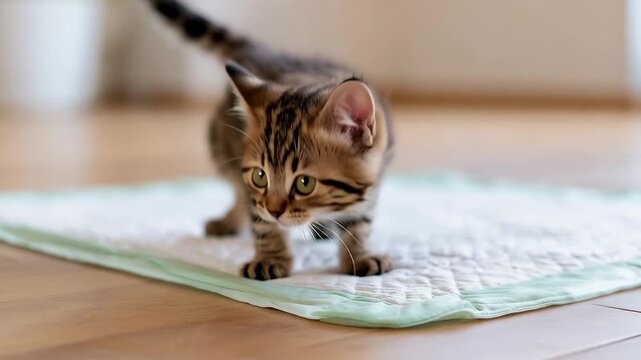 Curious tabby kitten learning to use a training pad indoors, young cat house training and pet hygiene concept