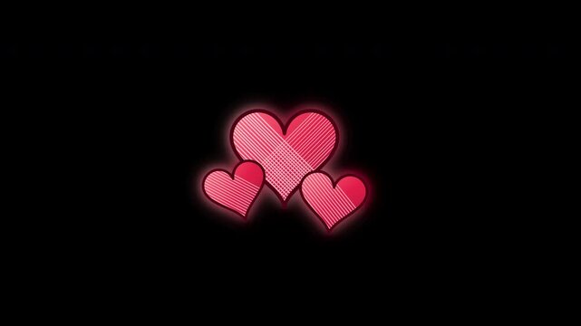 glowing red hearts with hand drawn doodle line art texture isolated on black background for valentine day love design