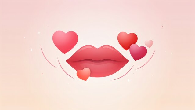 Stylized red lips surrounded by floating hearts on a soft pastel gradient background graphic design with several floating heart pair stylized