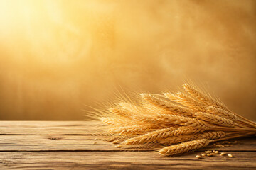Obraz premium A stalk of golden wheat rests on a rustic wooden surface against a warm, glowing background.