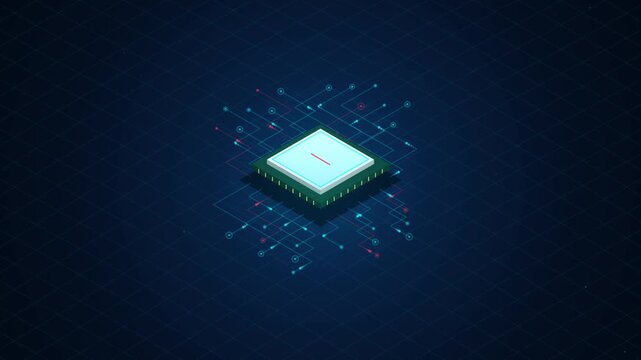 Isometric microchip animation showing data flow on a dark blue futuristic grid background digital pr