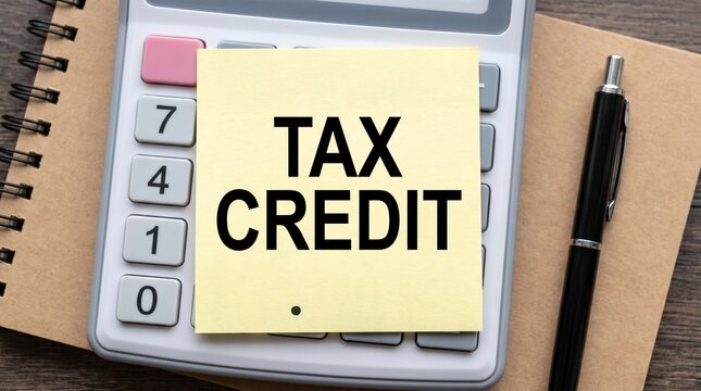 Tax credit concept with calculator, pen, and notebook on wooden background