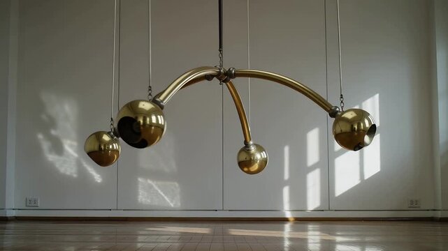 Swinging brass chandelier rotating over hardwood floor after initial tilt, casting mullioned light