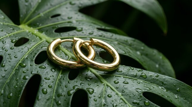 Shiny Gold Rings Resting on Large Green Monstera Leaf