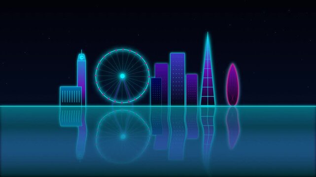 Vibrant neon cityscape featuring iconic London landmarks reflected on tranquil water futuristic urba