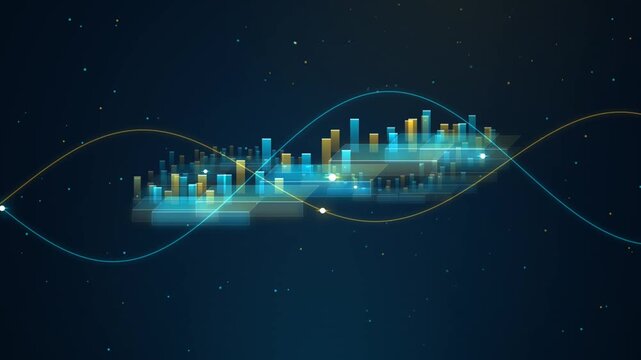 Abstract Digital Data Visualization with Glowing Floating Bar Graphs and Sinusoidal Wave Patterns
