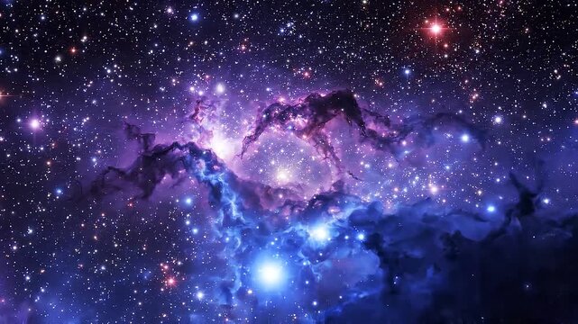 Deep space nebula with glowing stars and cosmic dust clouds in vibrant purple and blue