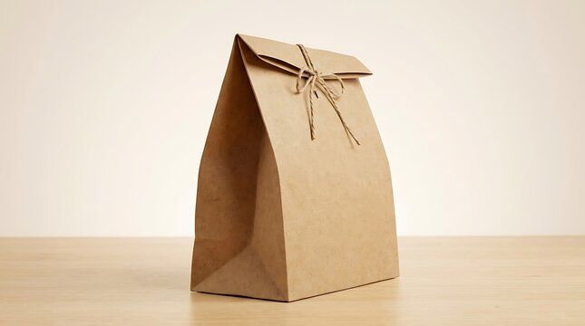 Brown paper bag tied with string standing on a wooden table. Food delivery pouches