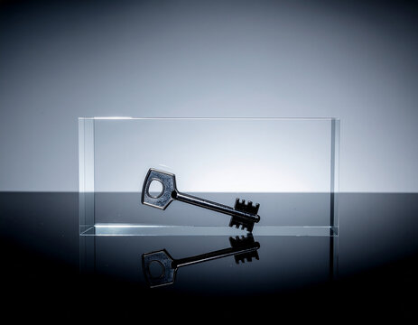 conceptual studio still life of an antique skeleton key enclosed in a clear glass display case on a glossy reflective surface