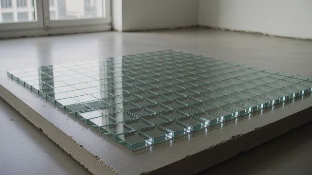 Pulling back camera revealing green glass square grid on white support near window, tiles settling