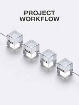 Minimalist project workflow diagram featuring four transparent glass cubes labeled plan, design, build, and launch, connected by metallic rods on a clean light gray background to illustrate sequential