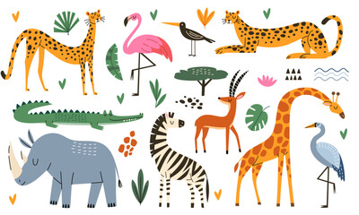 Obraz premium Cute safari animal collection featuring giraffes, cheetahs, zebra, rhinoceros, crocodile, flamingos, antelope and tropical birds with botanical elements. Flat vector illustration in aplayful handdrawn