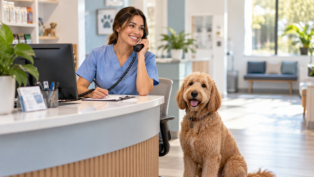 Friendly female veterinarian talking on the phone at a modern veterinary clinic reception desk with a happy dog waiting beside her