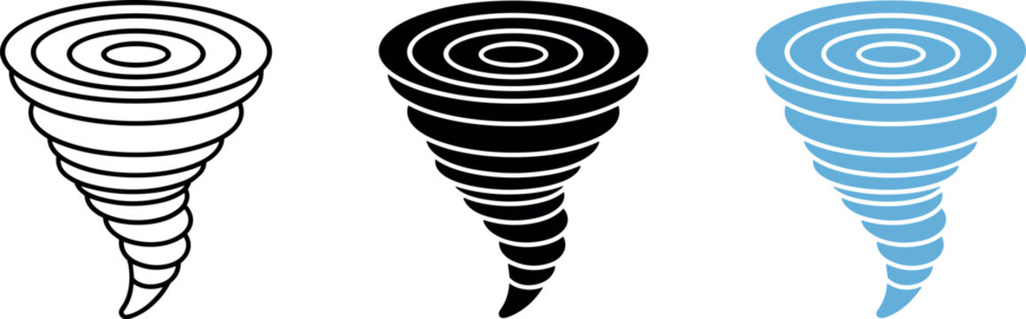 Tornado cyclone hurricane storm icon set in outline silhouette and blue style vector illustration isolated on white background