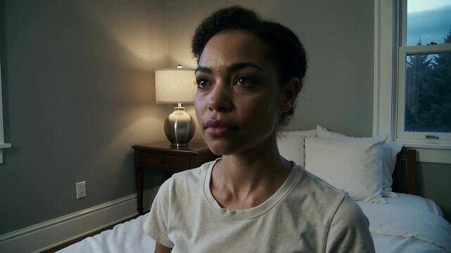 Camera pulling back, woman in white T-shirt and dark shorts straightening on bed with lit lamp