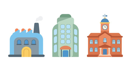 Obraz premium Illustrative buildings with factory apartment and town hall styles on a white background