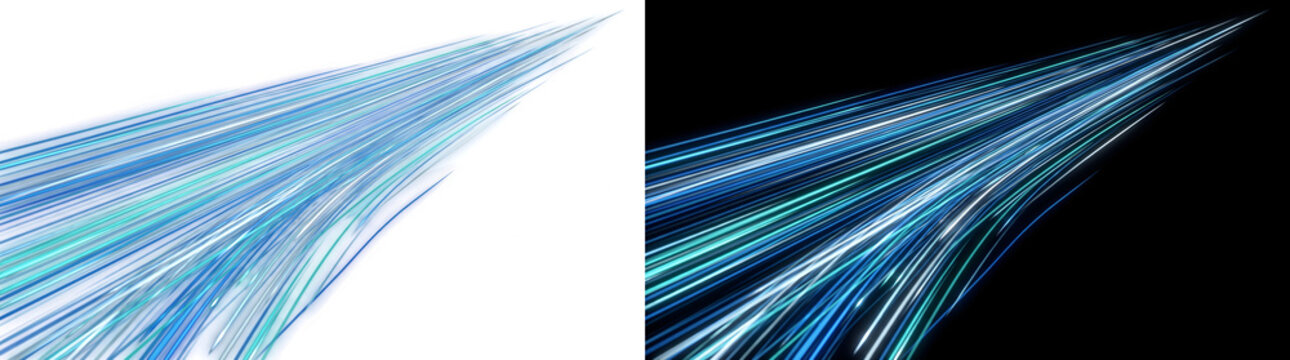 Diagonal bundle of glowing blue and teal light strands converges toward a sharp vanishing point with PNG, Transparent and Black Background Versions