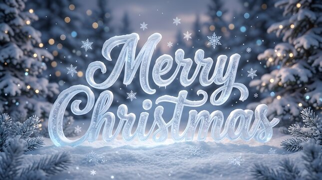 A beautiful glowing merry christmas sign made of ice letters standing in a snowy forest during a cold winter night