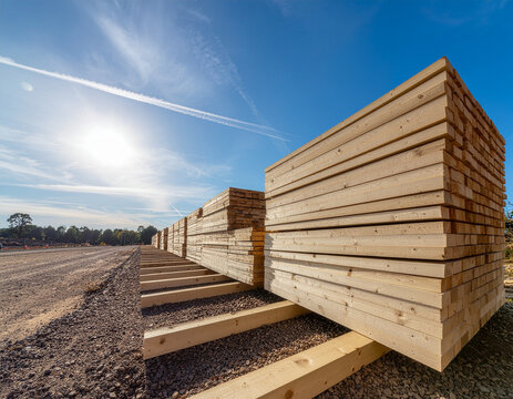 stacked cut timber planks and lumber at construction site under bright sunny sky