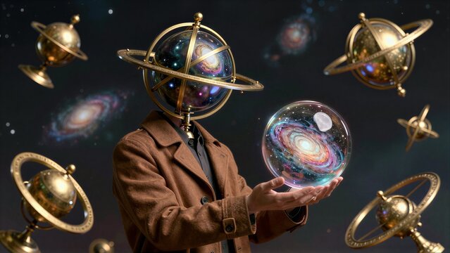 Man holds cosmic sphere, surrounded by golden celestial globes against starry backdrop.