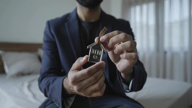 Picking up man inspecting house key fob in bedroom, wearing blazer showing leather strap