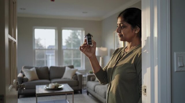 Inspecting woman in olive-sweater checking fob in doorway to living room as door opens, copy space