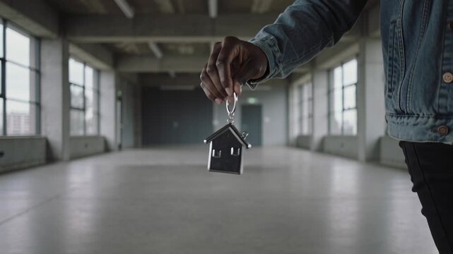 Holding house charm, hand entering from right wearing denim rotating charm in loft catching light