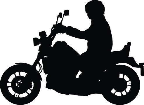 Black silhouette of a biker riding a chopper motorcycle cruiser profile view isolated on white background