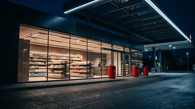 Modern convenience store at gas station at night with bright interior lights