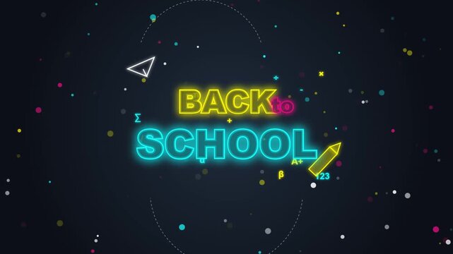Glowing neon Back to School text animation on dark background with colorful math particles