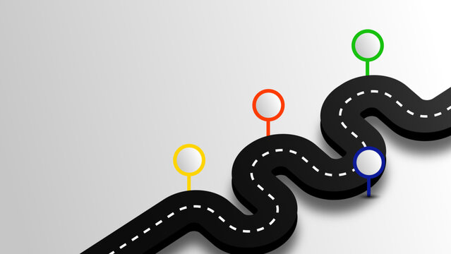 A road with a complex contour and four colored markers indicating locations, icons can also be added. A difficult and complex journey to the destination. Suitable for presentations.