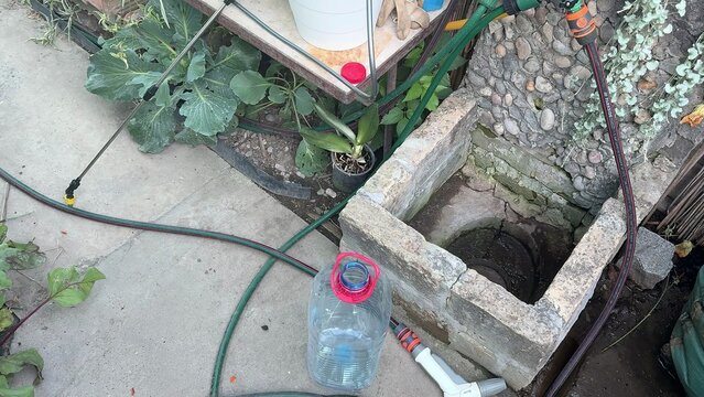 A stone well structure sits in a garden area, surrounded by green hoses, a plastic water bottle, and leafy green plants