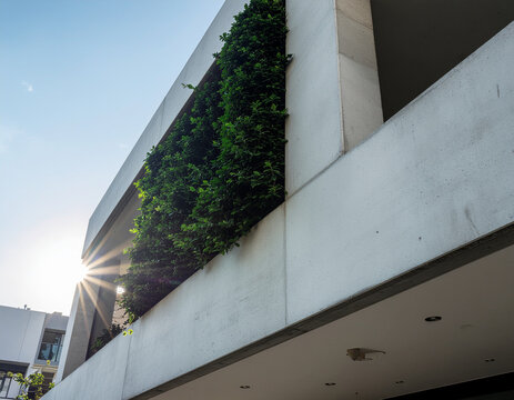 low angle view of a contemporary architectural building featuring a lush vertical garden green wall on the balcony facade with bright sun flare against a blue sky