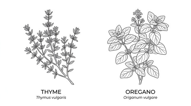 Line Art Illustration of Thyme and Oregano Herb Sprigs on White Background
