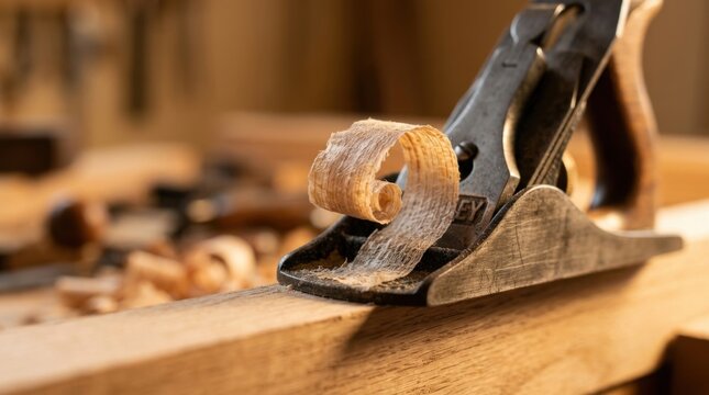 Hand plane blade shaving a curl of wood from the edge of a board in a woodworking workshop