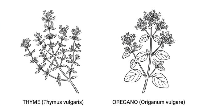 Thyme and Oregano Line Art Herb Sprig Botanical Sketch